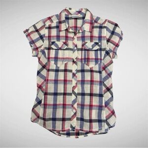 Columbia Plaid Button Front Shirt Women’s Medium Red Blue Outdoor Hiking Top